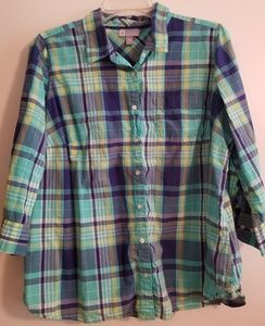Green, Blue, & Yellow Flannel Button Down Shirt